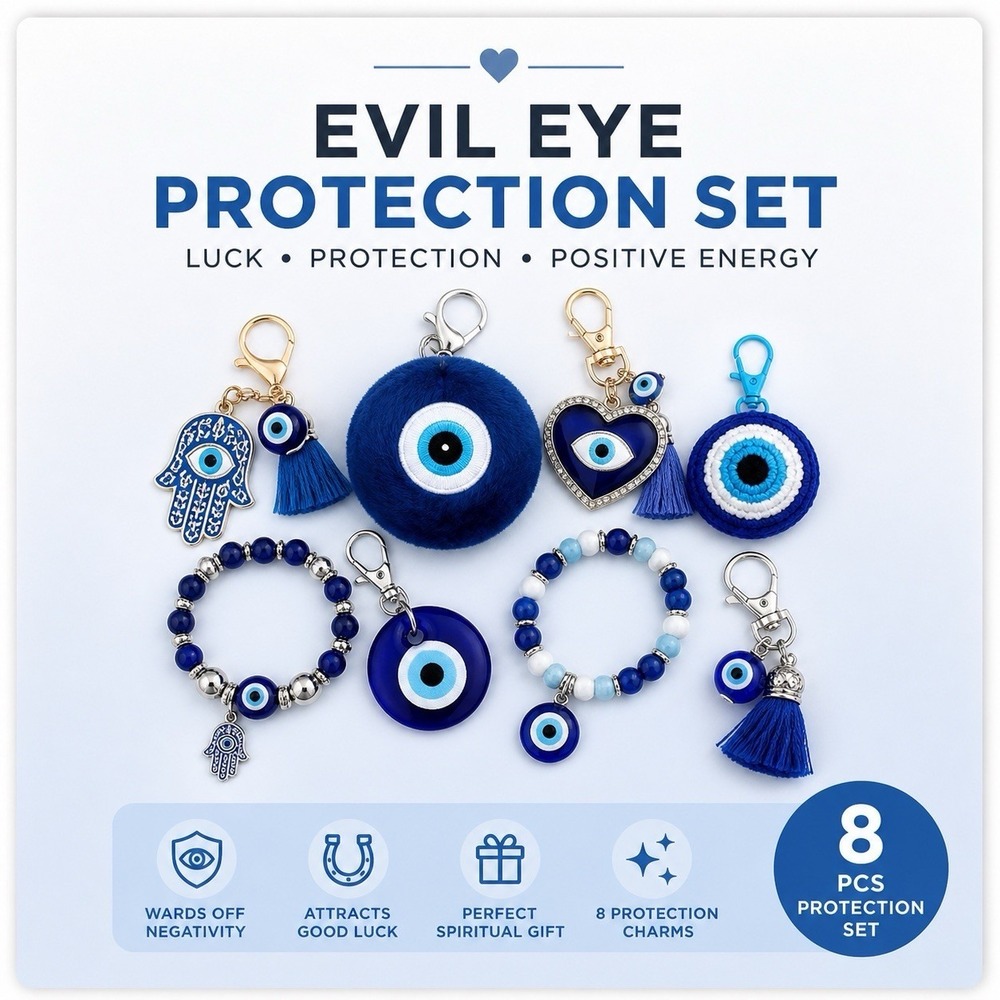 Evil Eye Protection Set 8PCS Nazar Keychain Bracelet Bundle Good Luck Gift